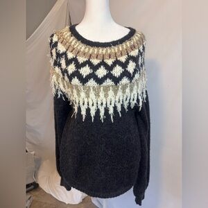 Cynthia Rowley Black with  Cream Patterned Chest Overlay Long Sleeve Sweater